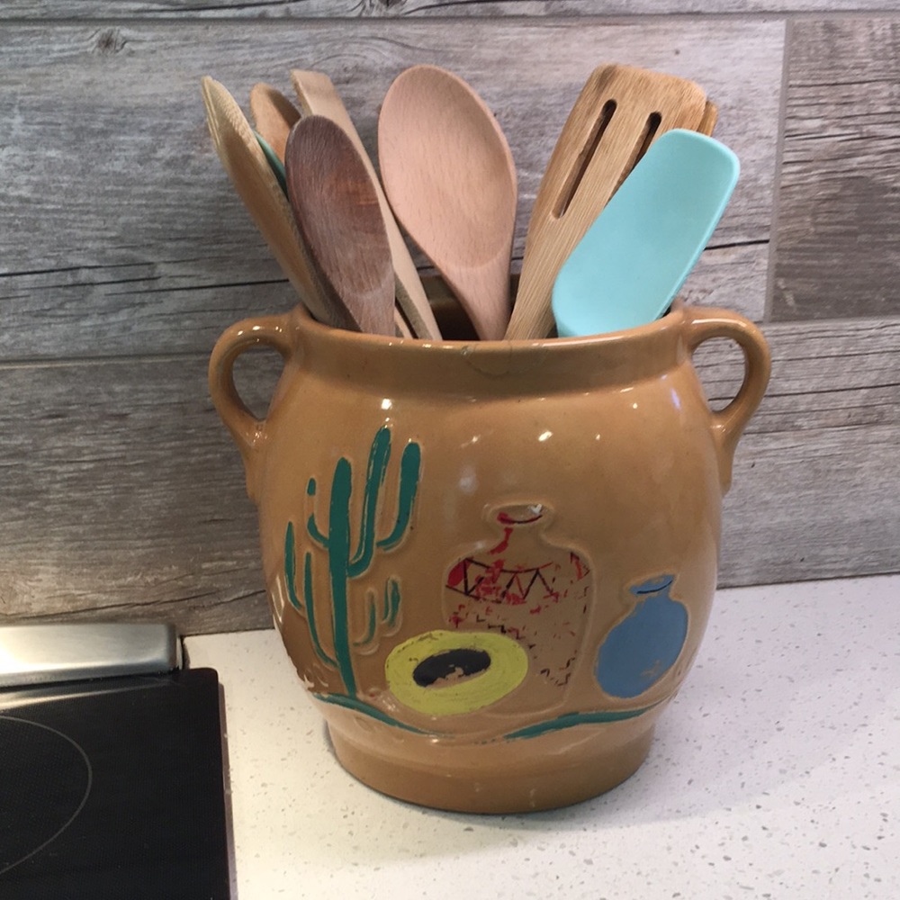 Vtg Pottery Hand Painted Cookie Jar/ Utensil Crock